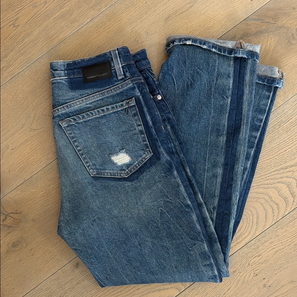 Current/Elliott Medium Blue Straight Jeans with Side Stripe
